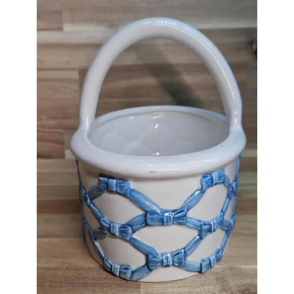 Vintage Italian Ceramic Lattice Basket Blue Woven Pottery 7" Tall Spring/Easter - Picture 7 of 15
